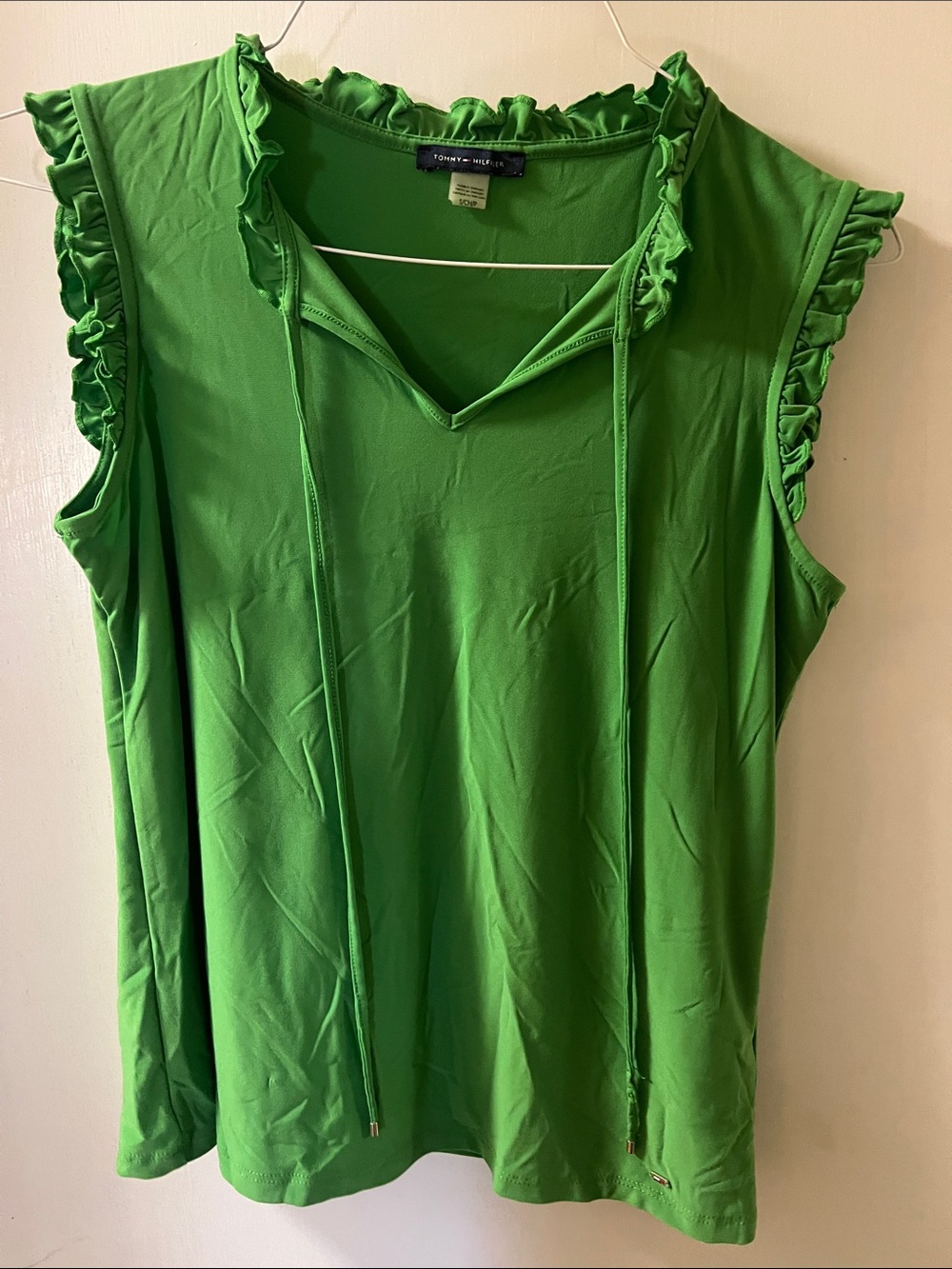 Tommy Hilfiger Bright Green Ruffle-Trim V-Neck Tank